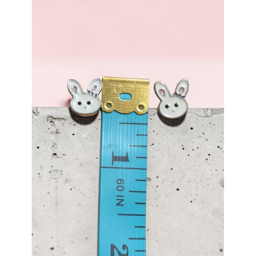 Easter Bunny Stud Earrings, White Rabbit Enamel, Cute Spring Jewelry Gift - Picture 6 of 6